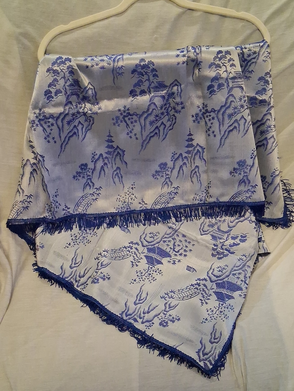 Blue and White Scenic Jacquard Tablecloth with Fringe - Unbranded